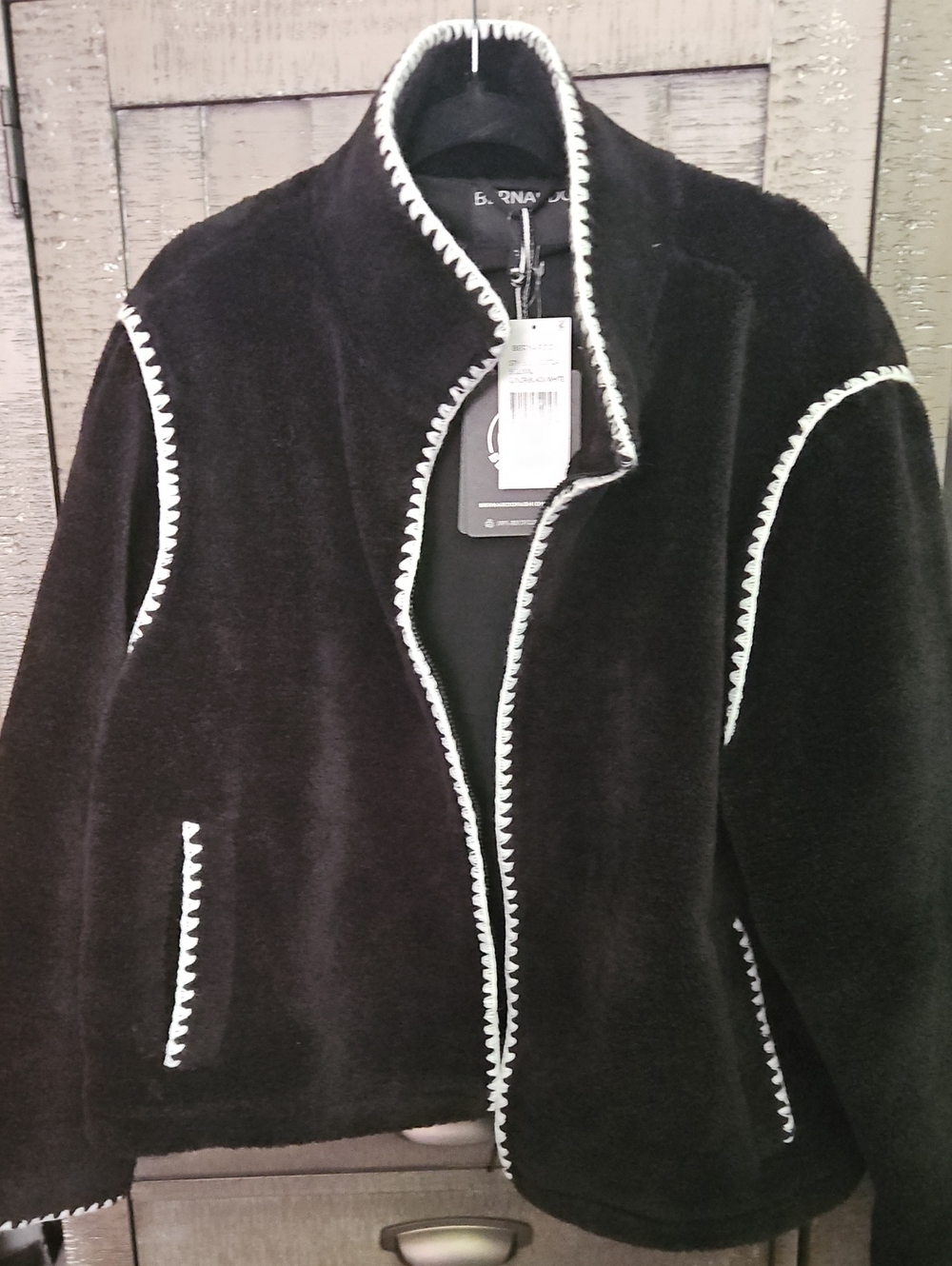 Bernardo Black Teddy Jacket with White Whipstitch Trim